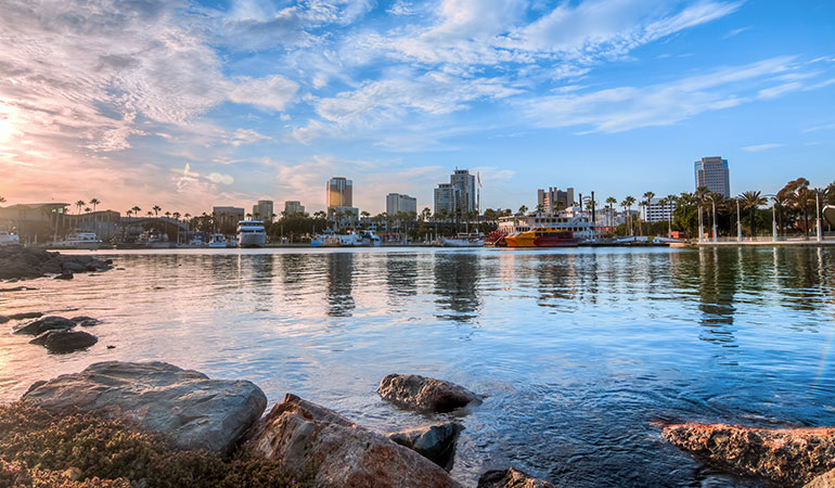 Long Beach, California skyline at sunset